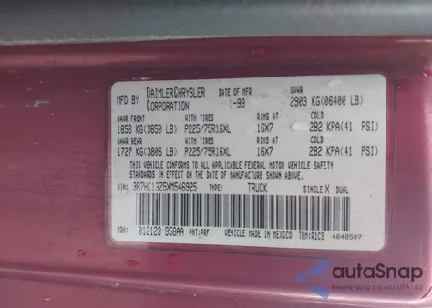 1999 Dodge Ram 1500 St z USA, uszkodzony, nr VIN 3B7HC13Z5XM546925